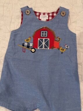 Mud Pie Blue Chambray Barn & Chick Appliqué Romper